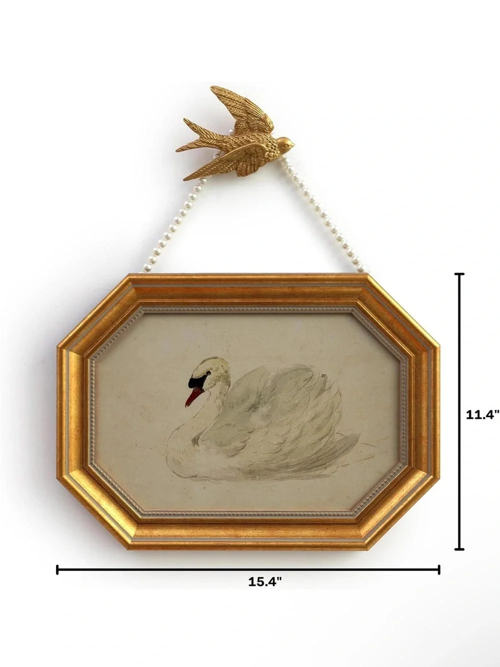 Gold Octagonal Framed Swan Art with Pearl Bead Hanger